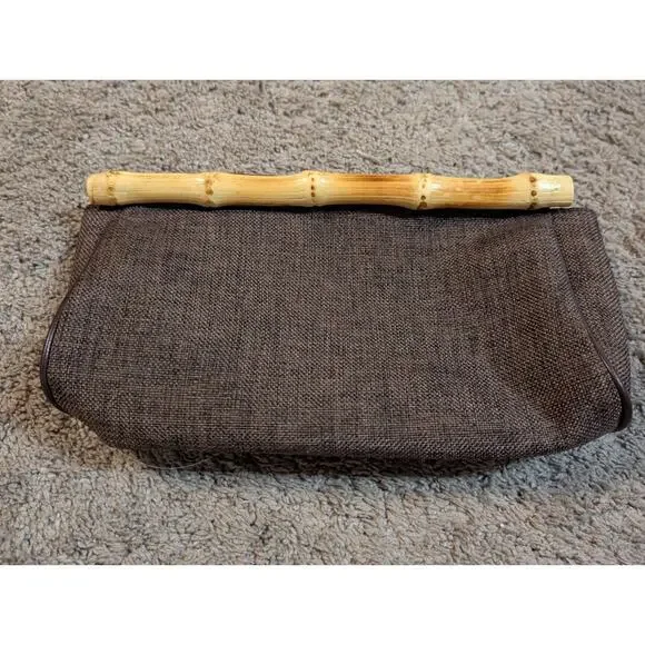 Vintg Boho Beaded Brown Fabric Clutch Bamboo Cane Handles Floral Earthy Hippie - Picture 6 of 6